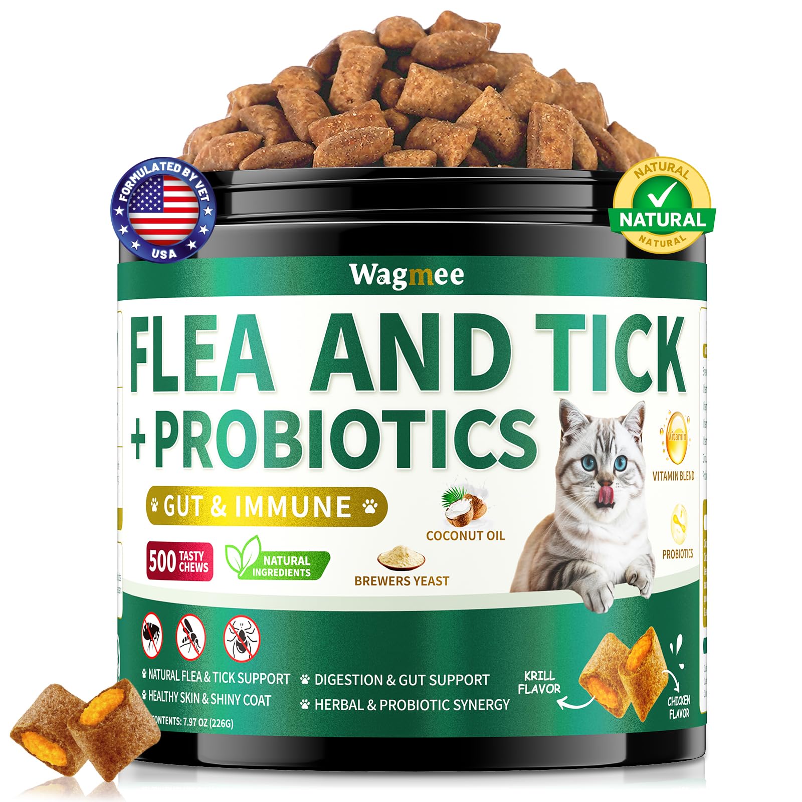 Wagmee cat chews packaging showcases easy daily flea and tick care.