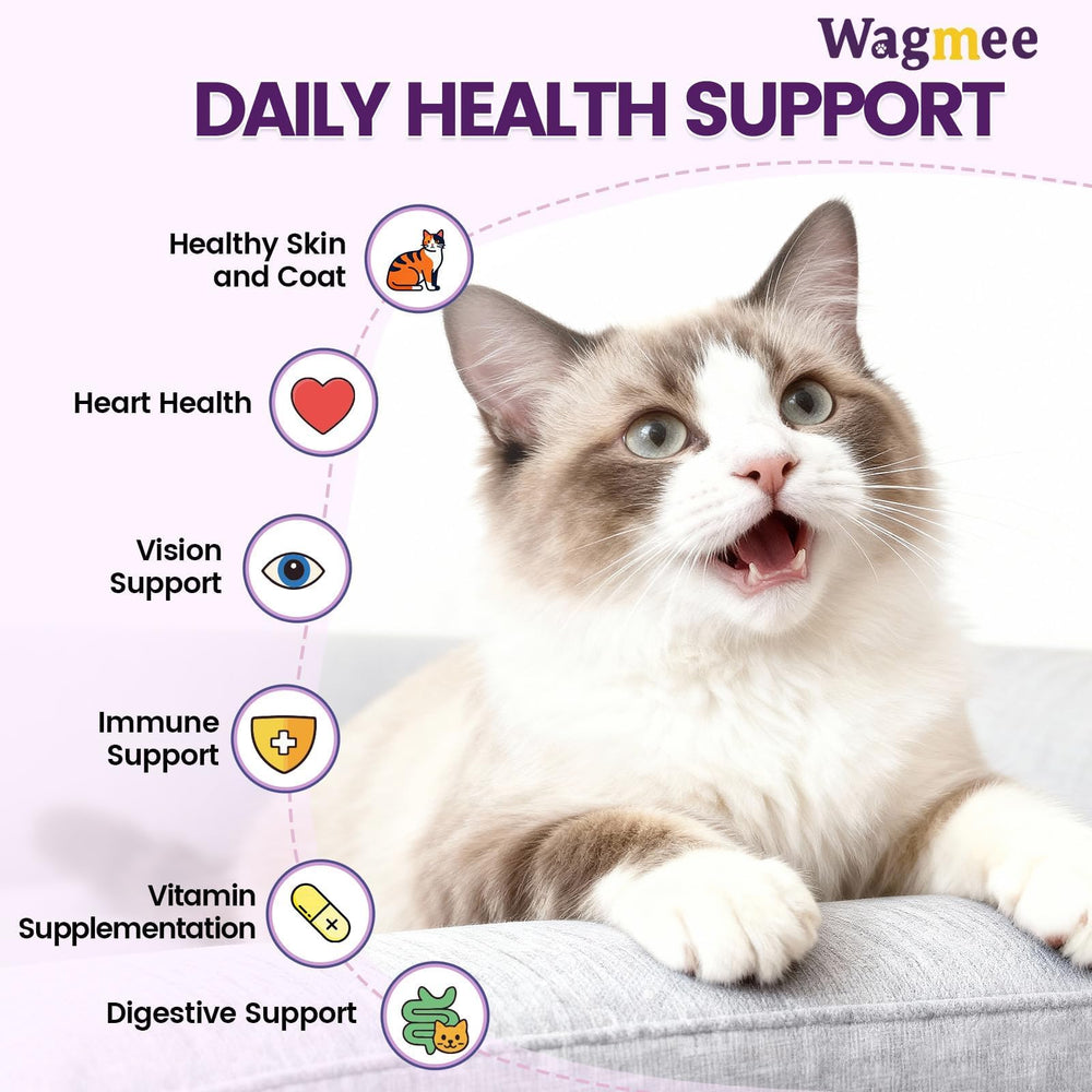Wagmee cat multivitamin omega-3 fish oil close-up emphasizing brain and heart support