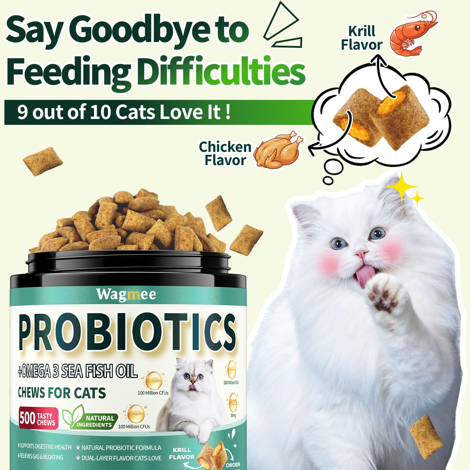 Wagmee Cat Probiotics Dual-Texture Chews show crunchy exterior and creamy center for picky cats.