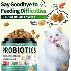 Wagmee Cat Probiotics Dual-Texture Chews show crunchy exterior and creamy center for picky cats.