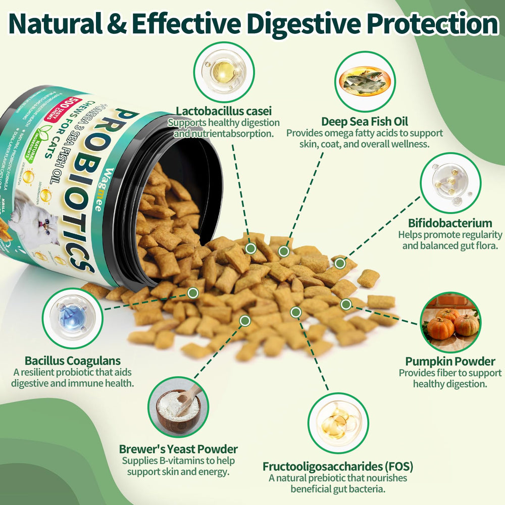 Wagmee Cat Probiotics Fish-Oil image emphasizes omega-3 benefits for skin and coat health.