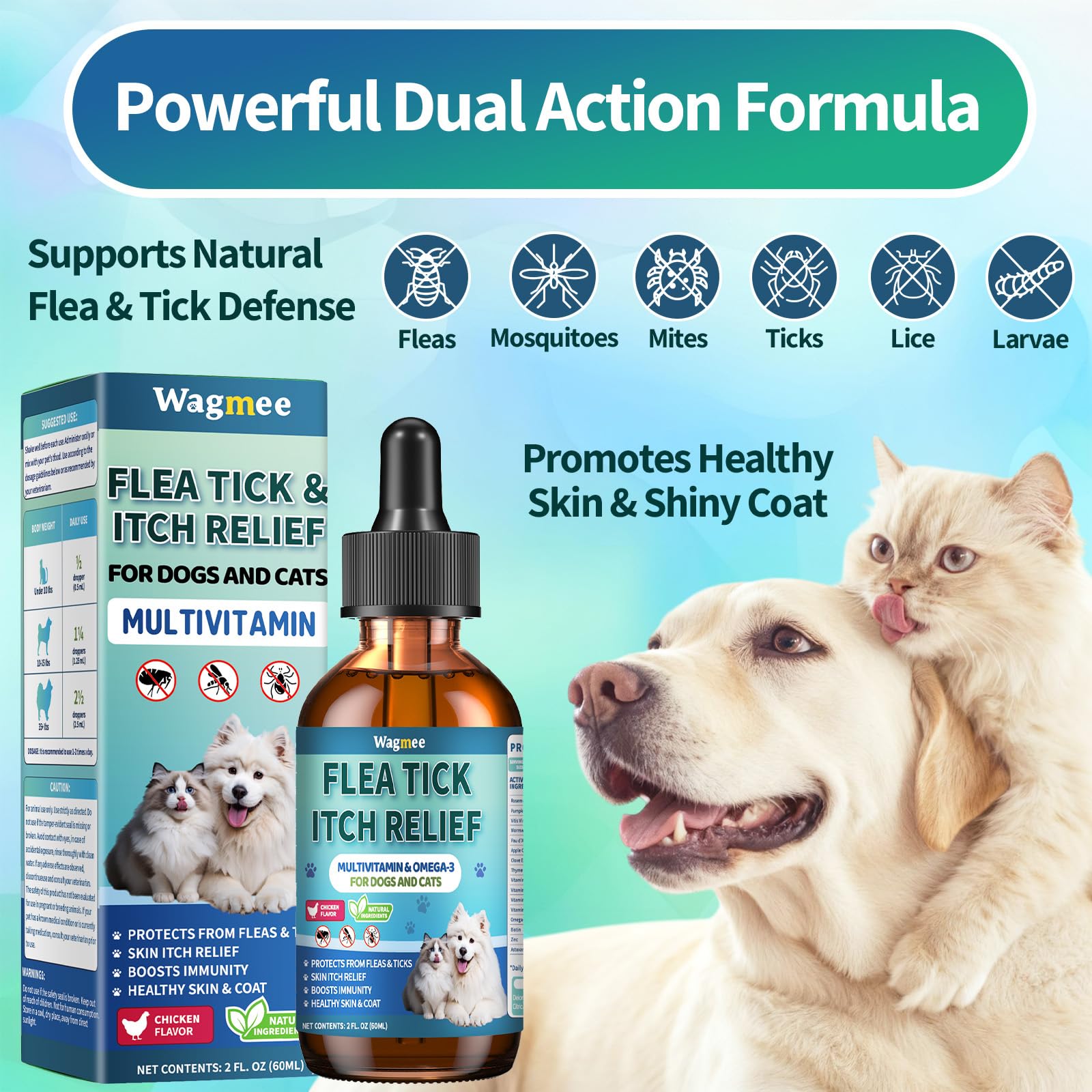 Wagmee drops dispensed into pet food to simplify administration.