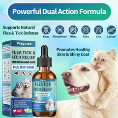 Wagmee drops dispensed into pet food to simplify administration.