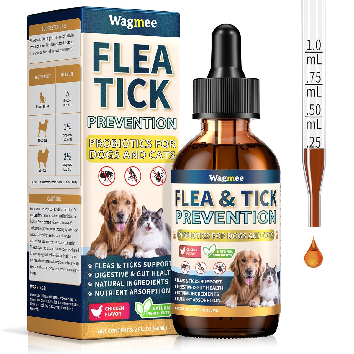 Wagmee flea tick support bottle with chicken flavor for easy daily dosing.