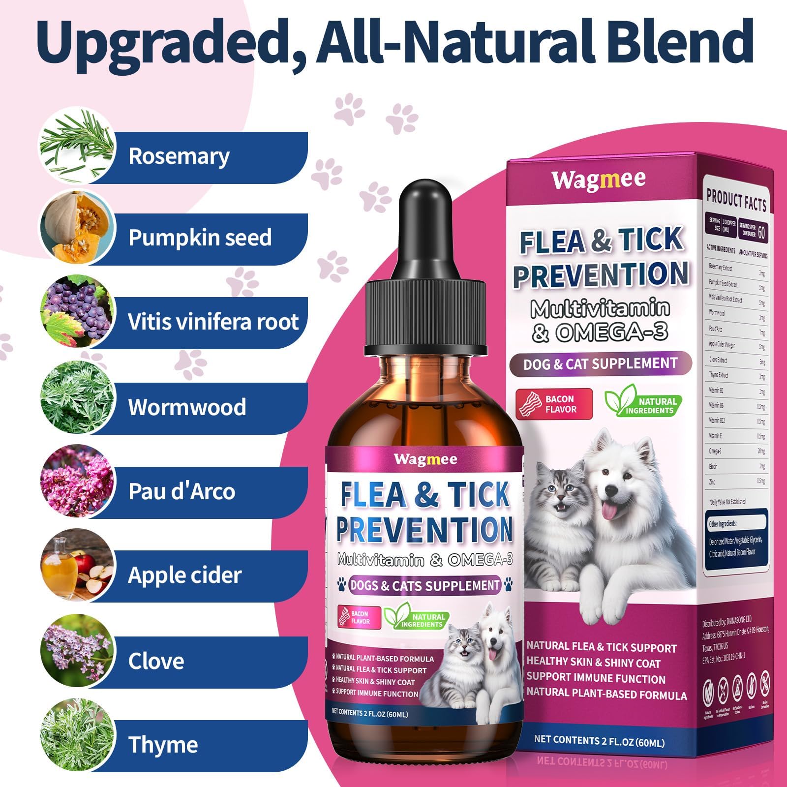 Wagmee natural plant-based formula for flea and tick support.