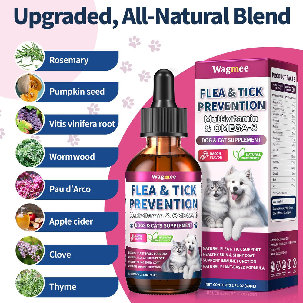 Wagmee natural plant-based formula for flea and tick support.