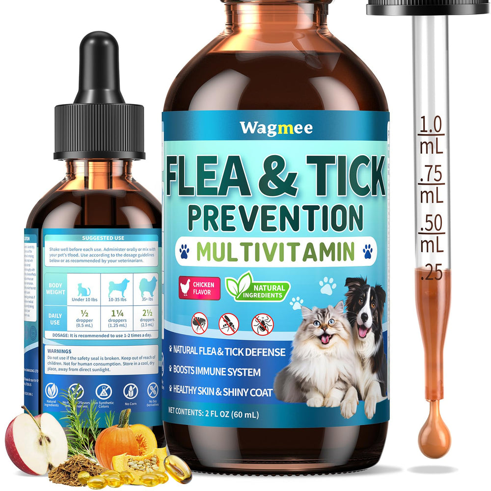 Wagmee oral flea and tick drops bottle for easy daily dosing and natural support.