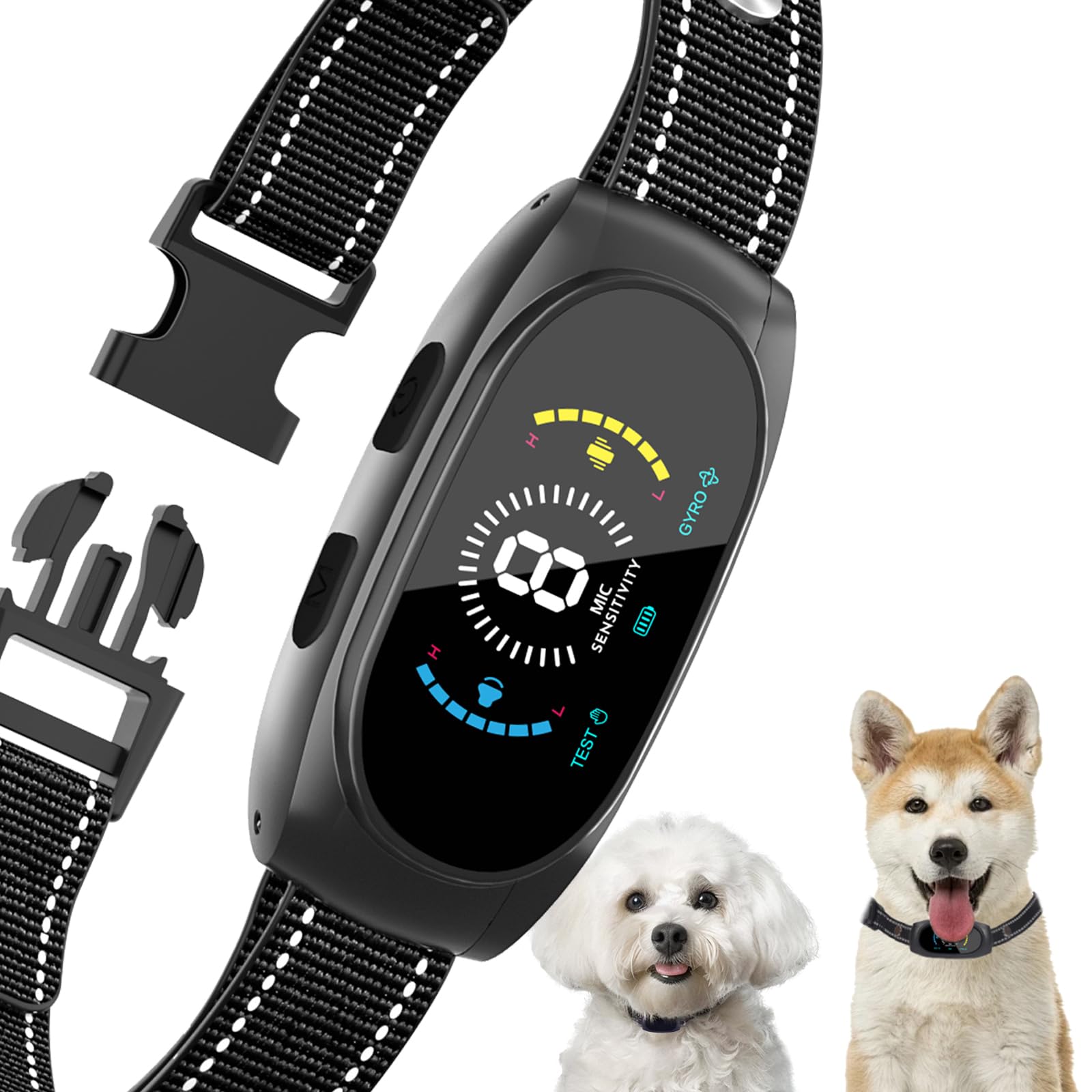 Wagnation Smart Auto Dog Bark Collar on a dog's neck shows humane training with beep and vibration.