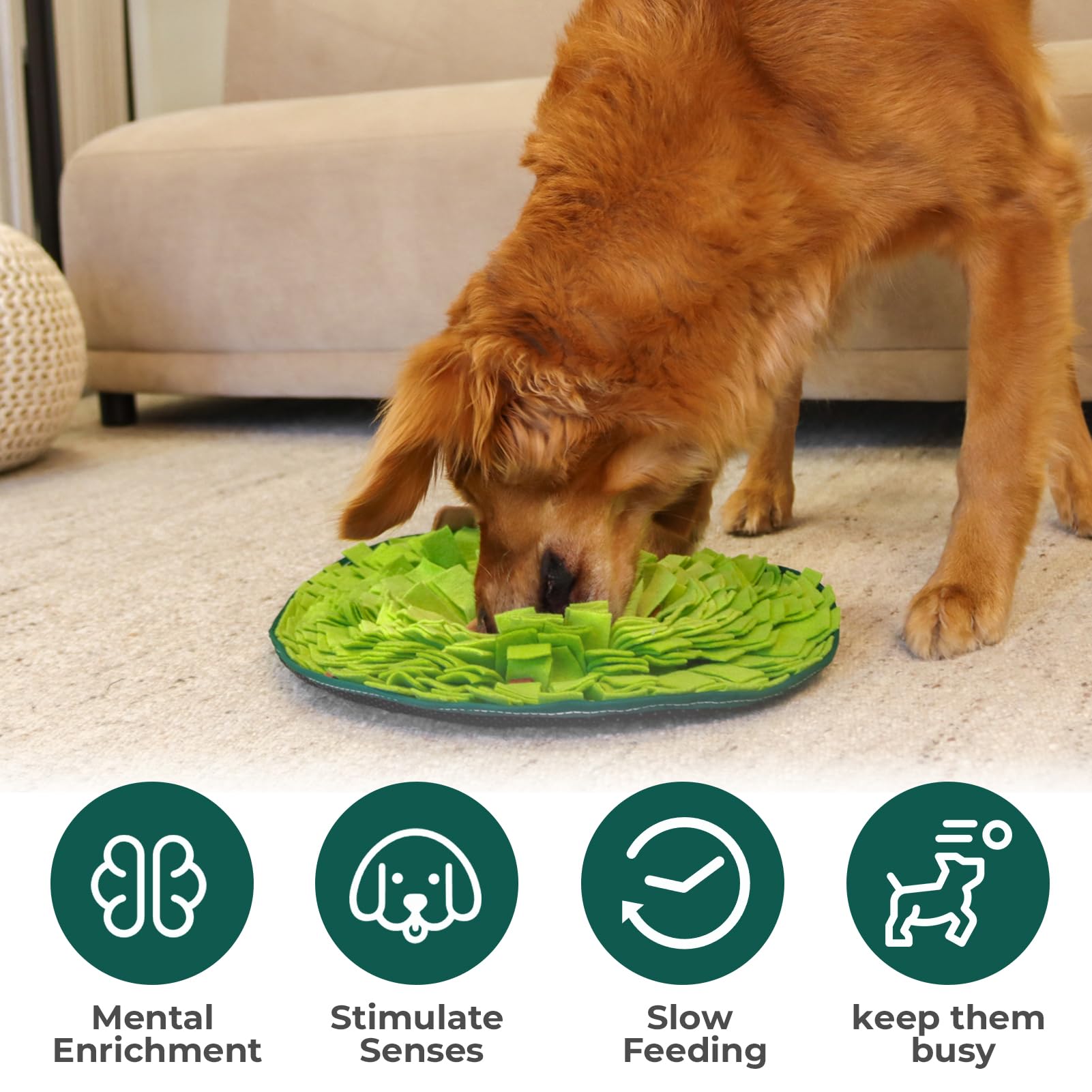 Wagorific Snuffle Mat Avocado Pal dog sniffing scene promotes mental exercise during play.