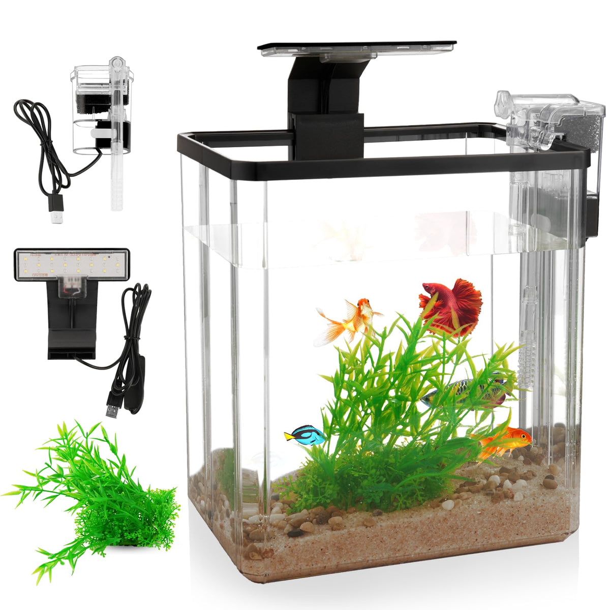 Wagrvuy 1.5-gallon tank front view, space-saving beginner setup for desks.