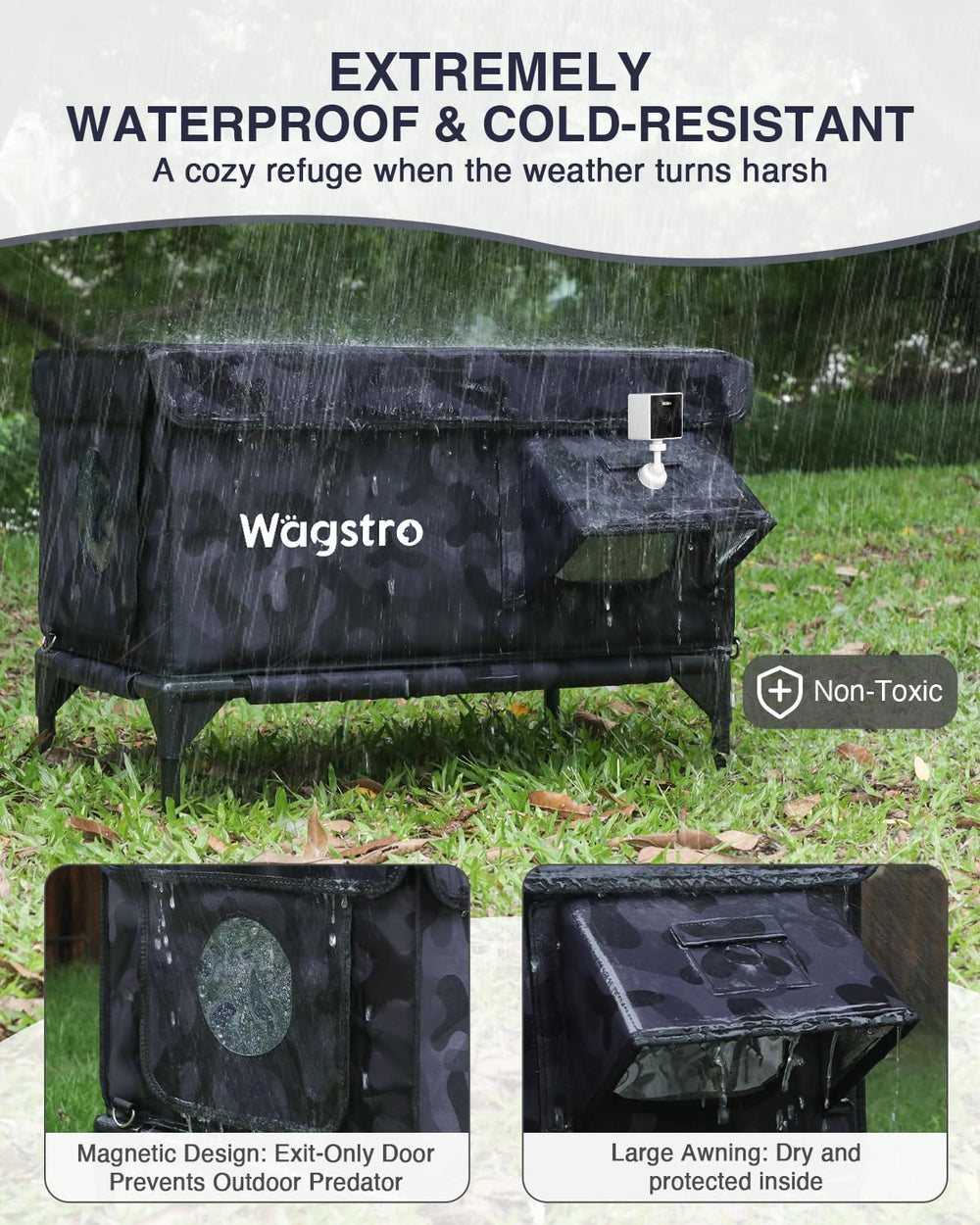 Wagstro emergency escape door close-up shows predator escape option and draft prevention.