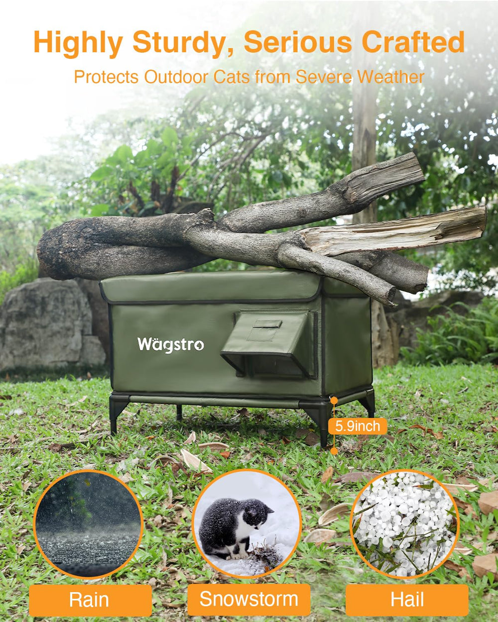 Wagstro outdoor cat house interior dining area with stainless steel bowl for warmed meals.