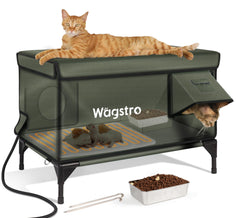 Wagstro Ex-Large heated cat shelter outer view in olive green for winter protection.