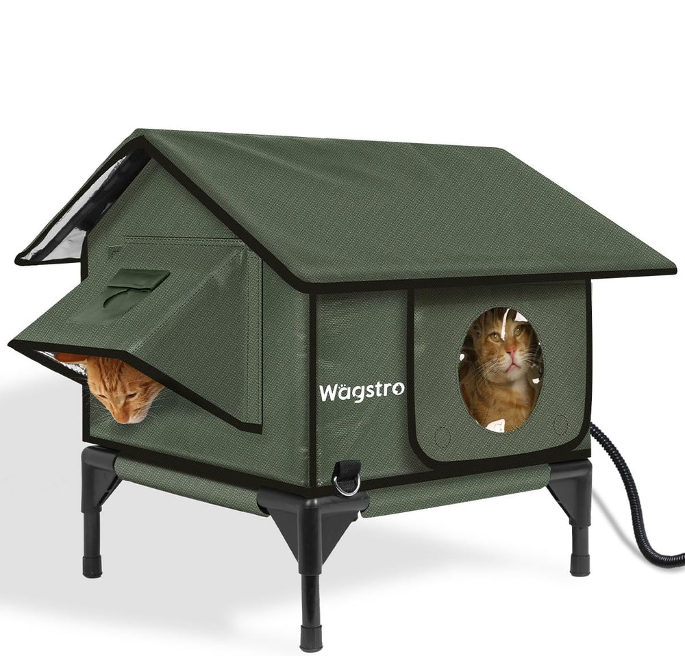 Wagstro Gable heated cat shelter exterior in olive green with weatherproof shell