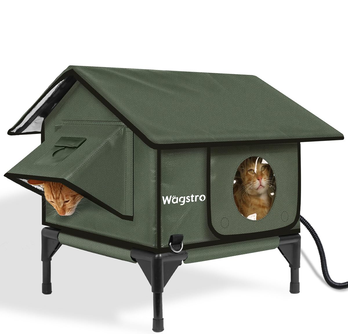 Wagstro Gable heated cat shelter exterior in olive green with weatherproof shell