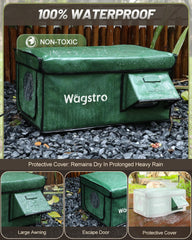 Wagstro heated cat house escape-door image shows safe exit in winter shelter.
