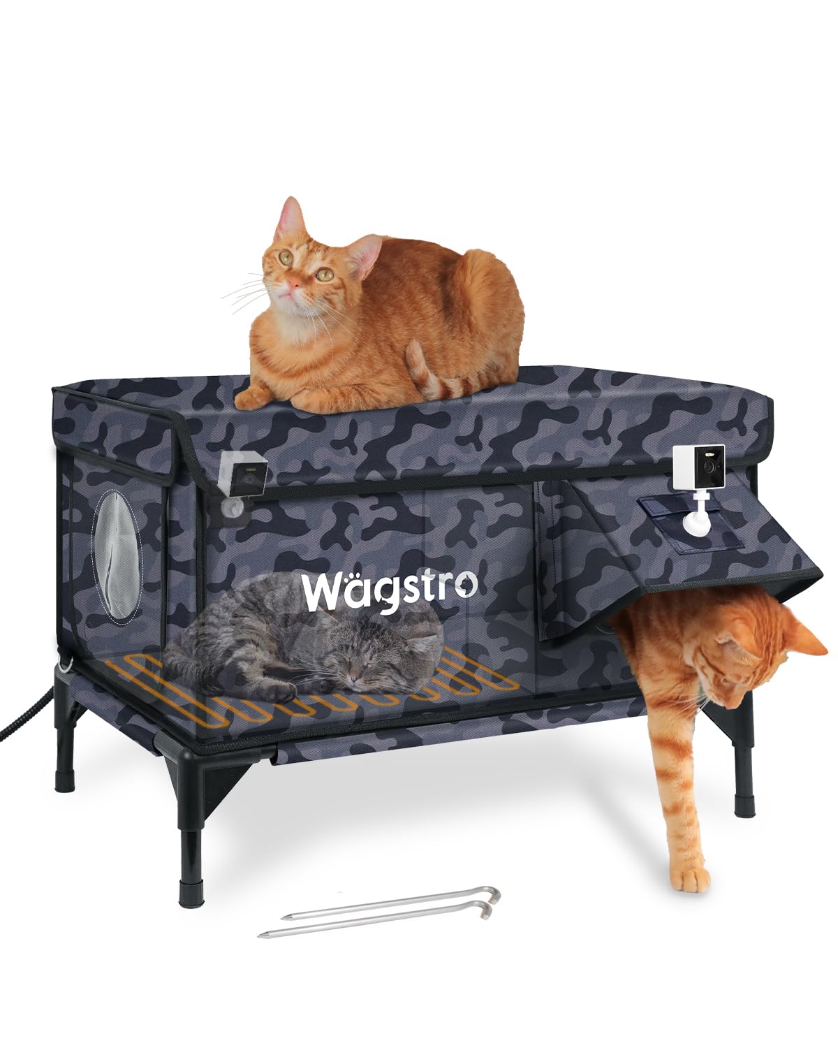 Wagstro heated cat house front view in camo black showcases durable shelter and outdoor readiness.