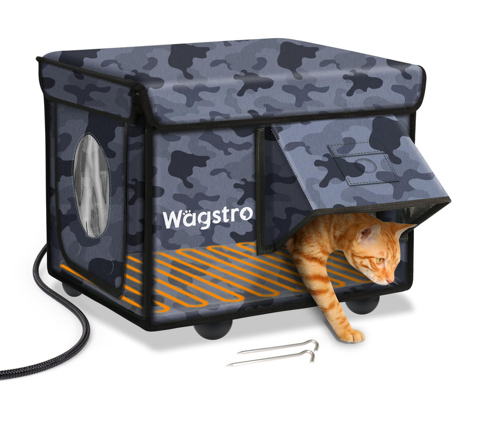 Wagstro heated cat house outdoor black camo—easy assembly for quick winter warmth