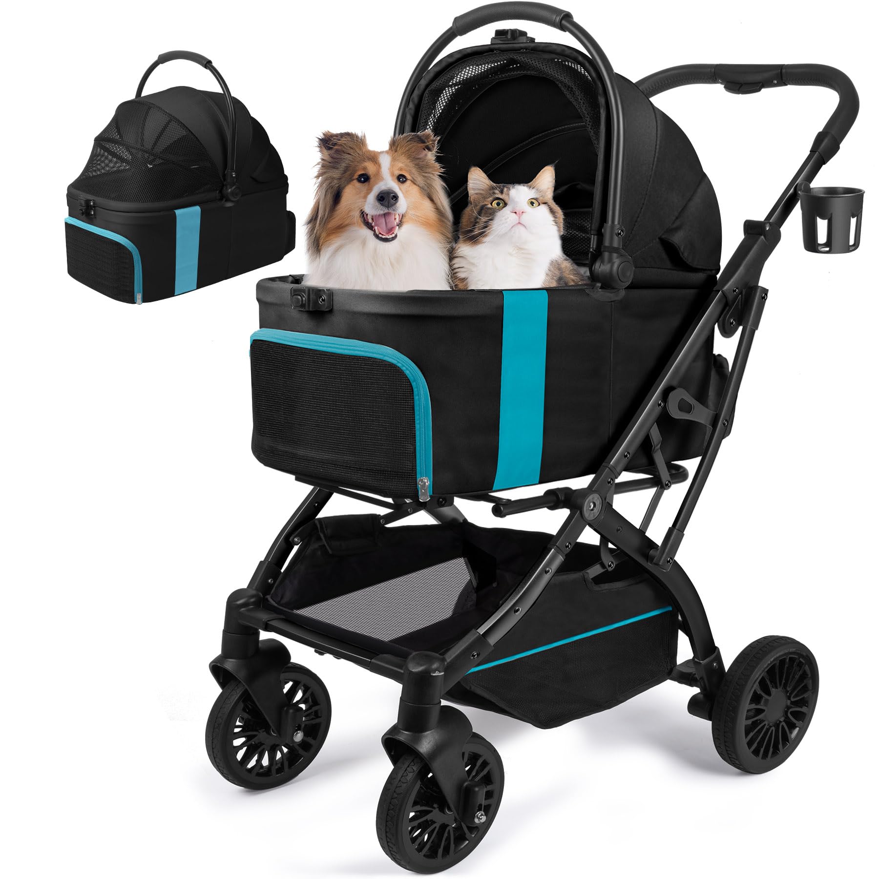 WagvyGo small dog stroller folds with carrier attached for compact storage