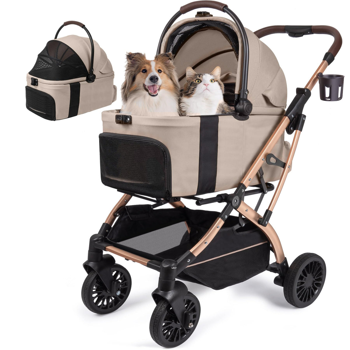 WagvyGo small dog stroller folding with carrier attached for quick storage on the move