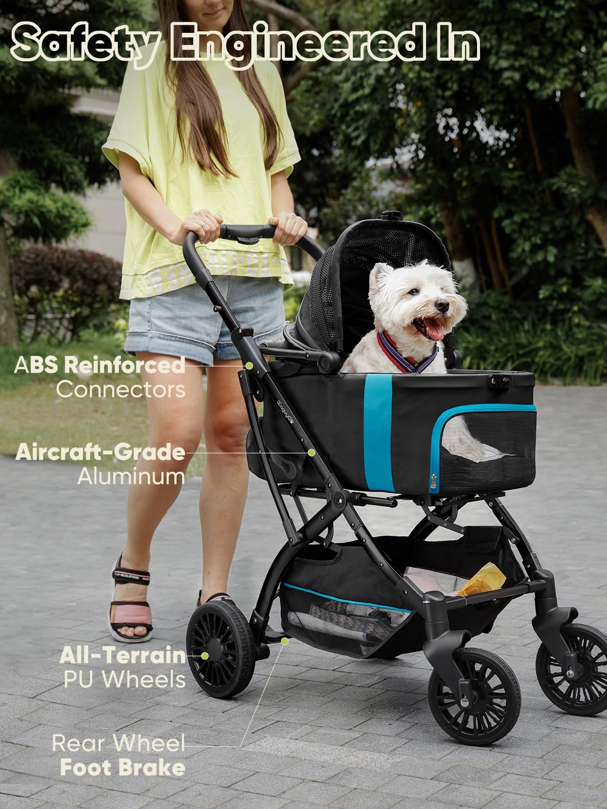 WagvyGo stroller showing instant foot-lock brake for quick secure stops