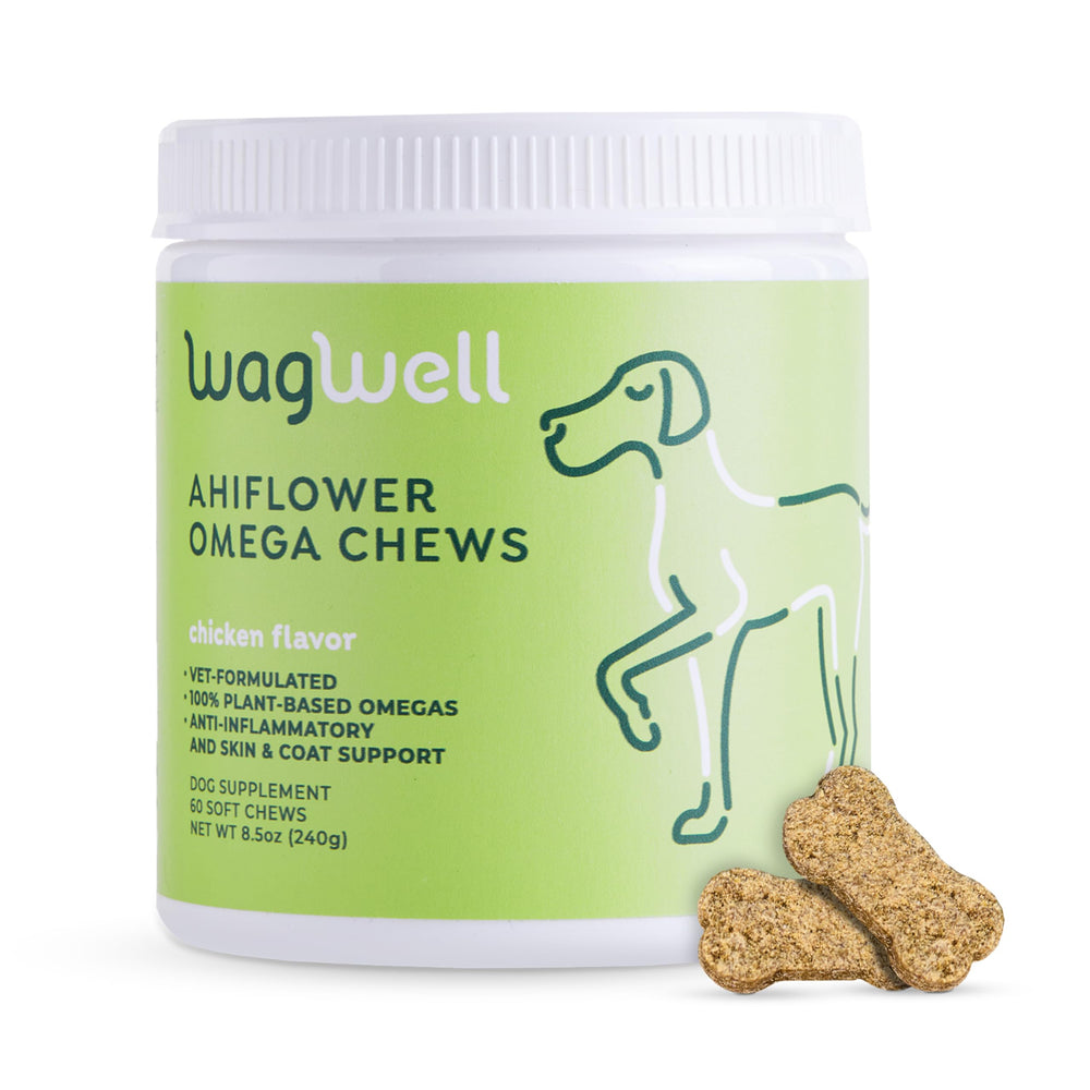 WagWell Ahiflower Omega Chews bottle side view showing vet-formulated daily mobility support