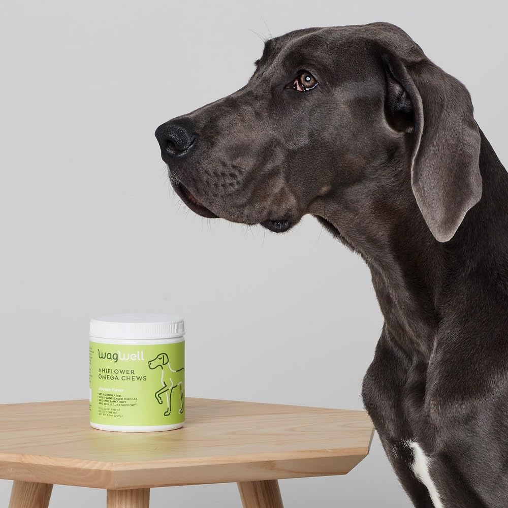 WagWell Ahiflower Omega Chews in bowl illustrating easy daily dosing routine