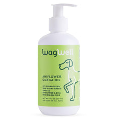 WagWell Ahiflower Omega Oil bottle shown for canine skin and coat support.