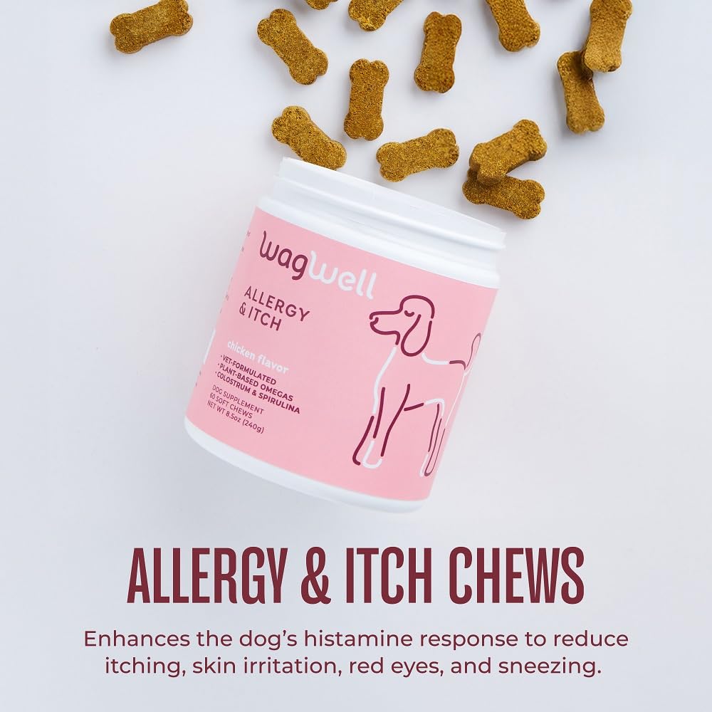 WagWell allergy chews bottle label highlights natural ingredients for immune and gut wellness