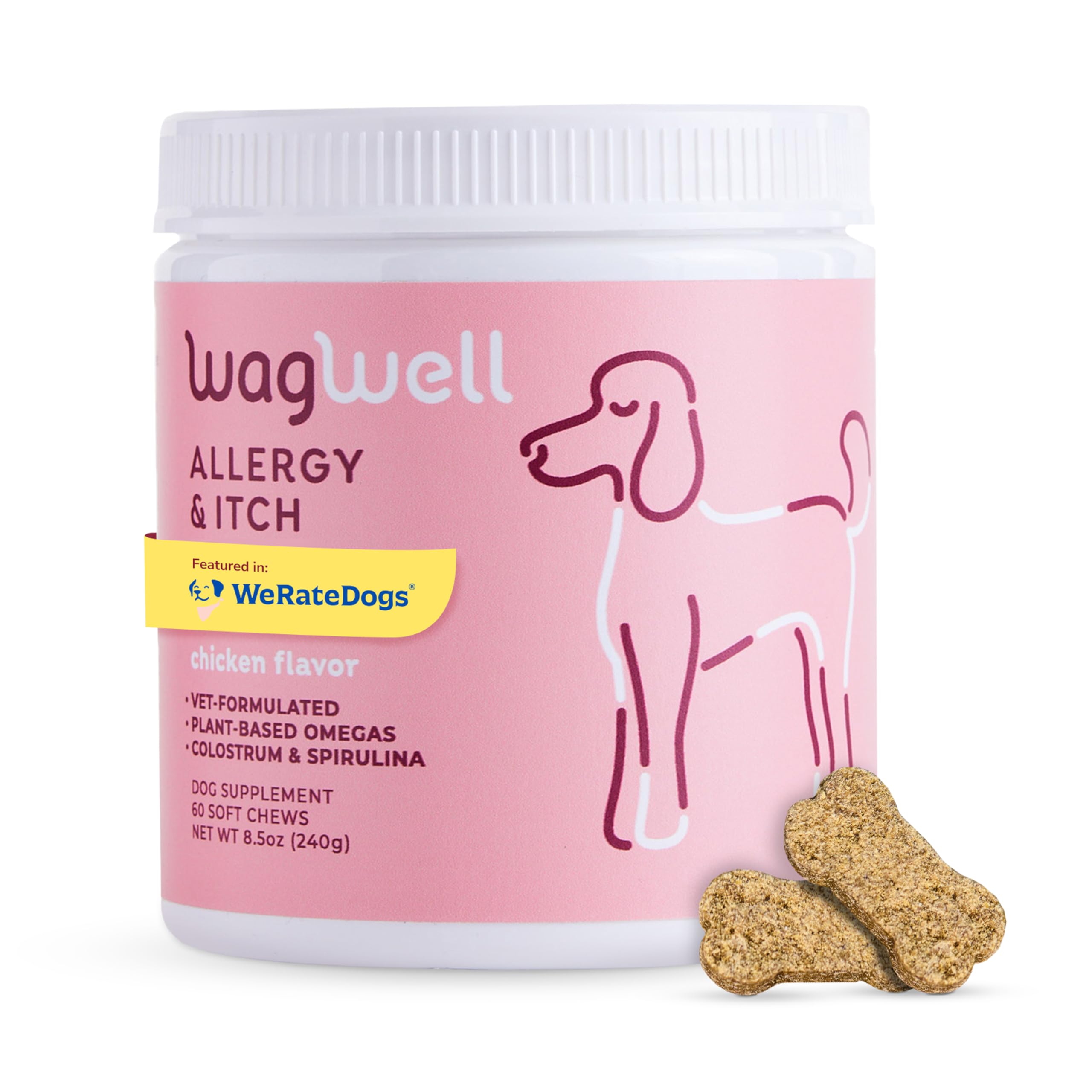 WagWell Allergy & Itch Chews jar front promotes year round itchy skin support for dogs