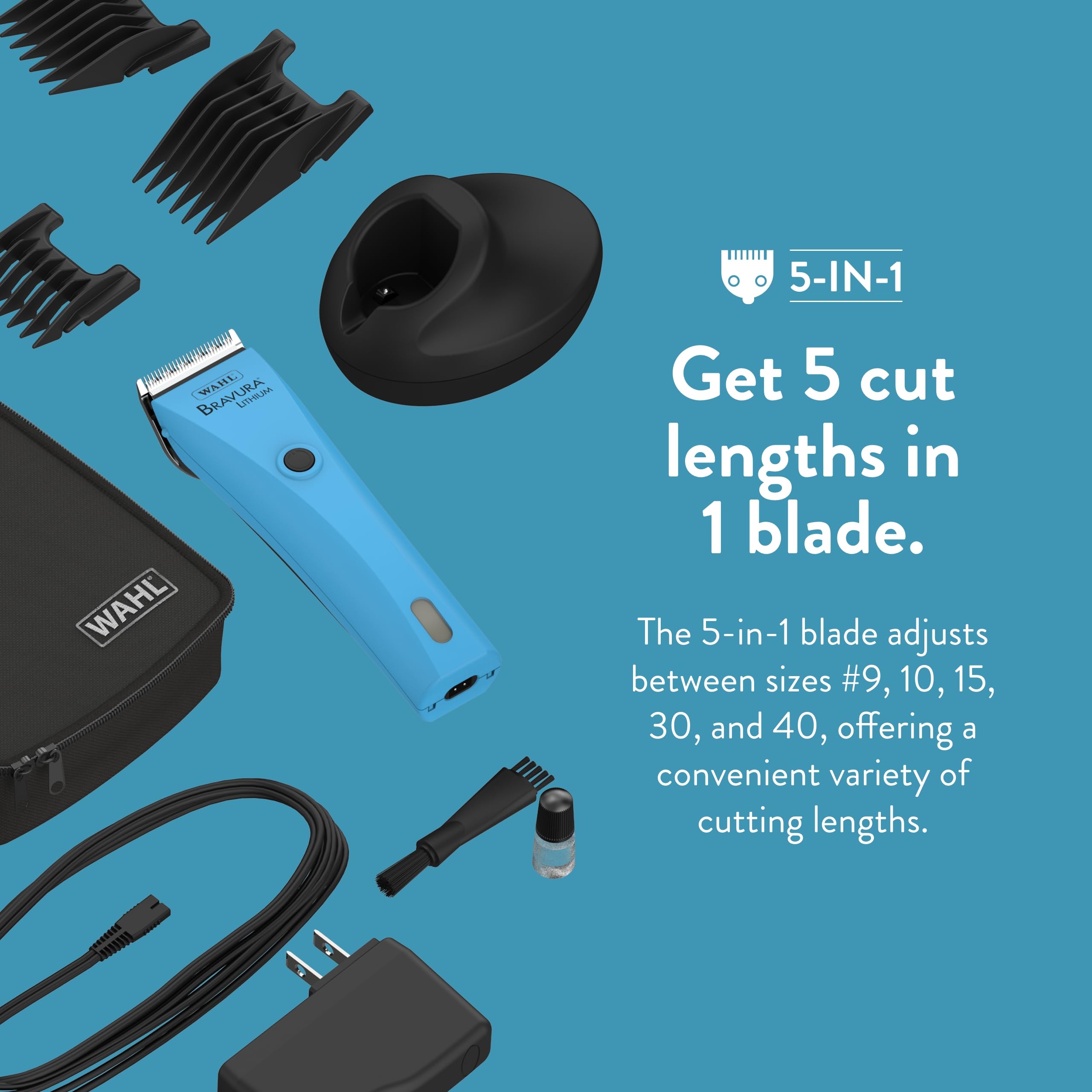 Wahl Bravura kit contents illustrate all-in-one grooming solution for pets.