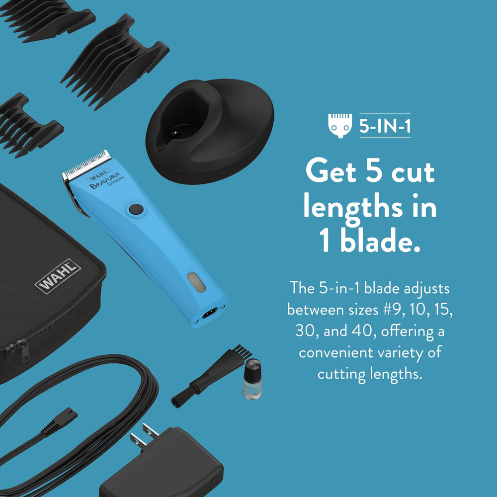 Wahl Bravura kit contents illustrate all-in-one grooming solution for pets.