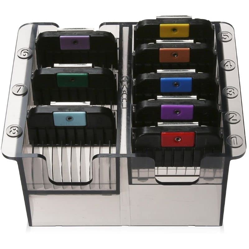 Wahl color-coded guide combs provide eight sizes for precise coat trims.