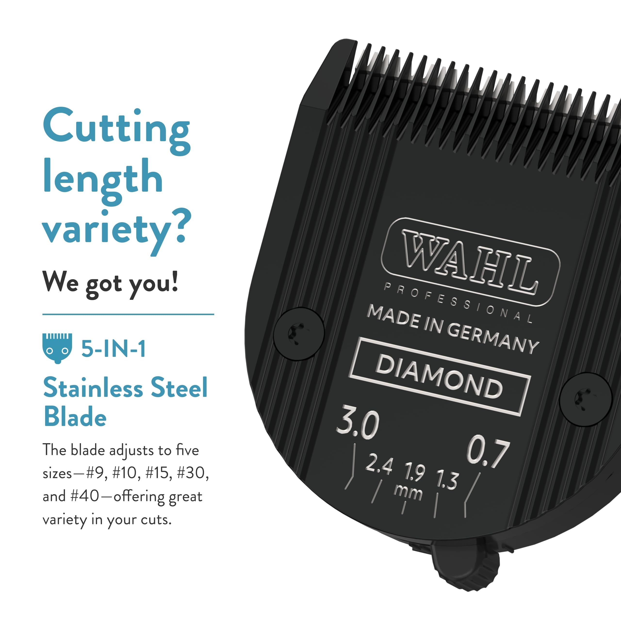 WAHL Diamond Blade-cut attachment with 5-size adjustability for precise cuts.