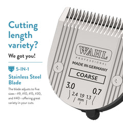Wahl German-made stainless steel blade close-up highlighting durability for long-term use.