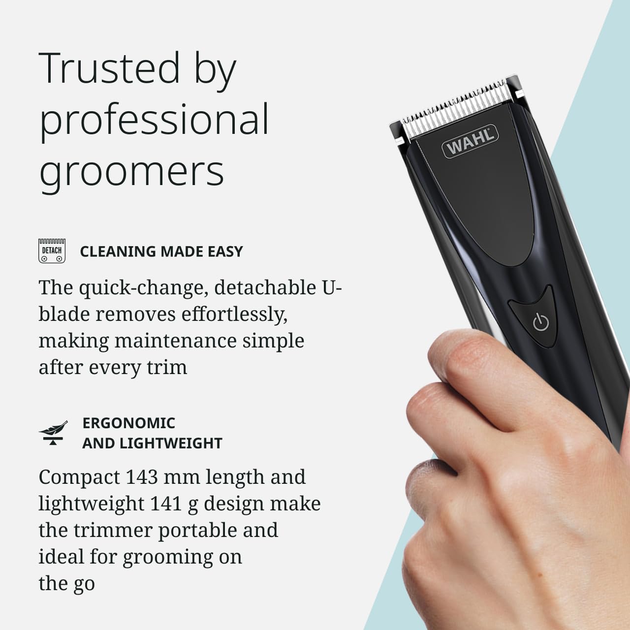 Fidela Trimmer compact design shown for comfortable handling during grooming.