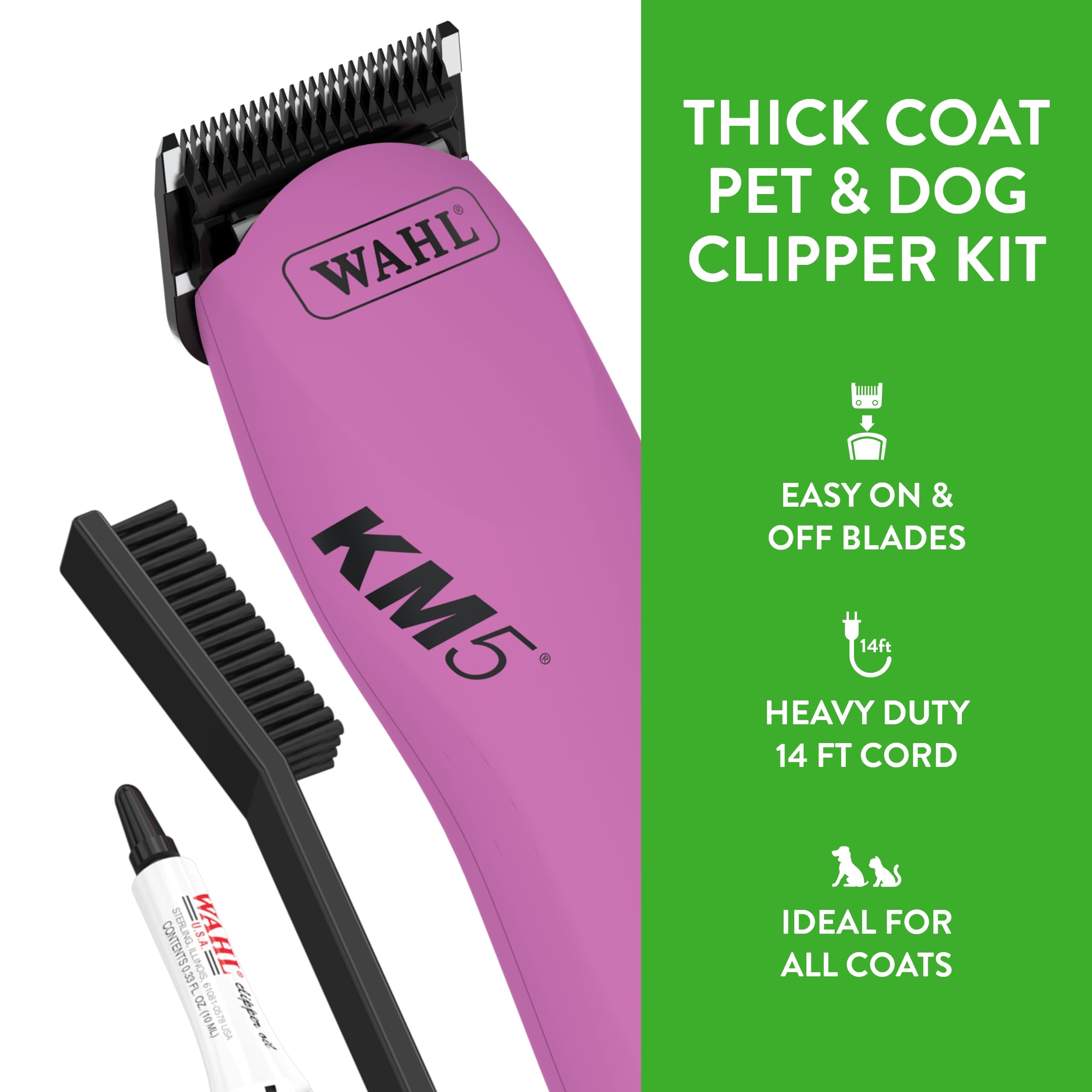 Wahl Pro Animal grooming kit included features blade oil and cleaning brush for reliability.