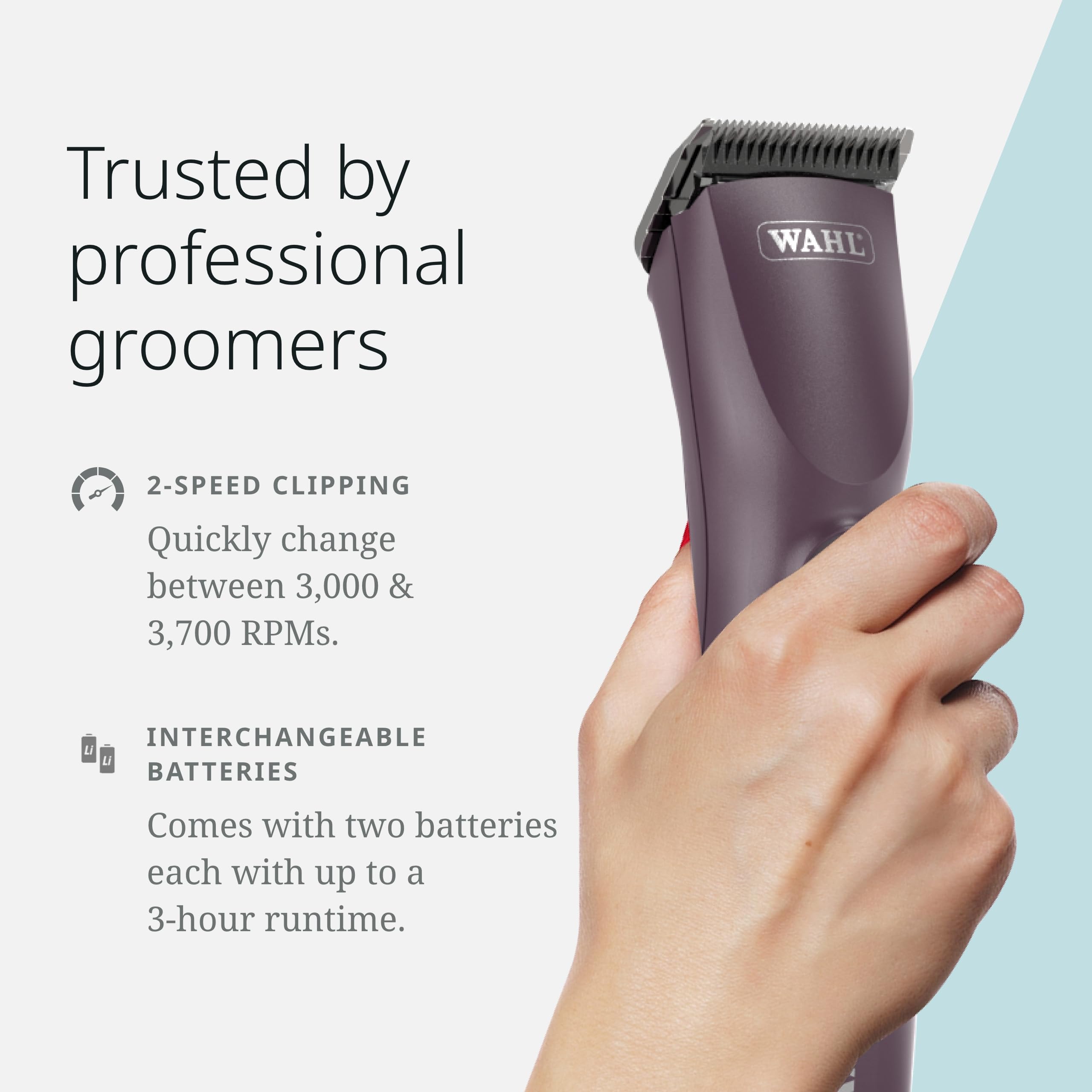 Wahl Pro Animal KM Supera two interchangeable batteries extend cordless grooming sessions