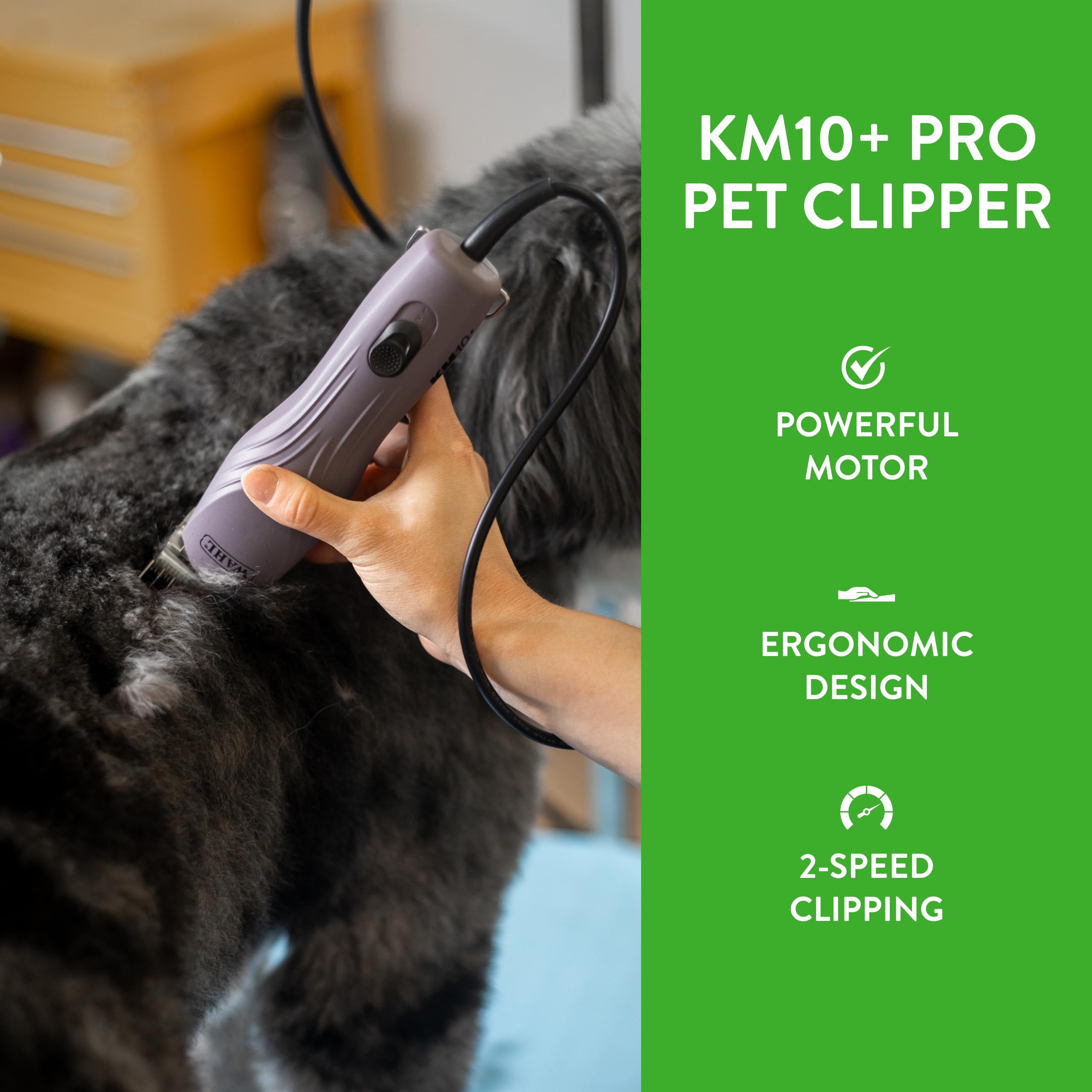 Wahl Pro Animal KM10+ two-speed control supports easy trims at 3,000 or 3,700 RPM.