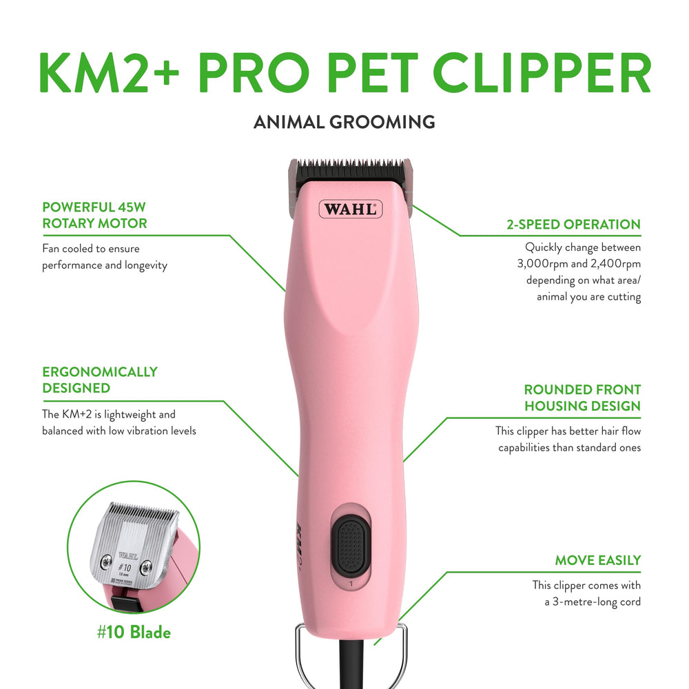 Wahl Pro Animal KM2+ clipper side view shows calm grooming thanks to low vibration.