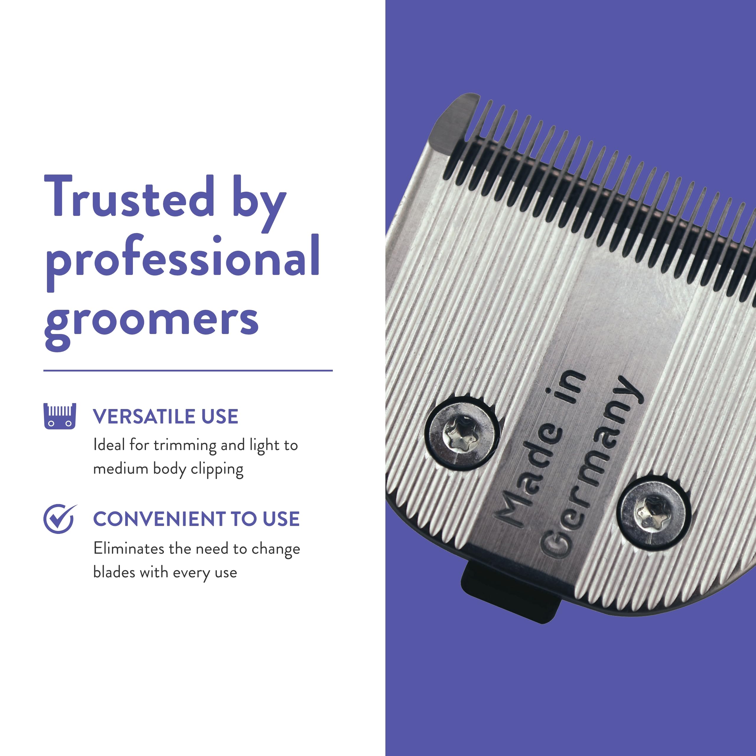 Close-up chrome blade highlights rust resistance for everyday pet care.