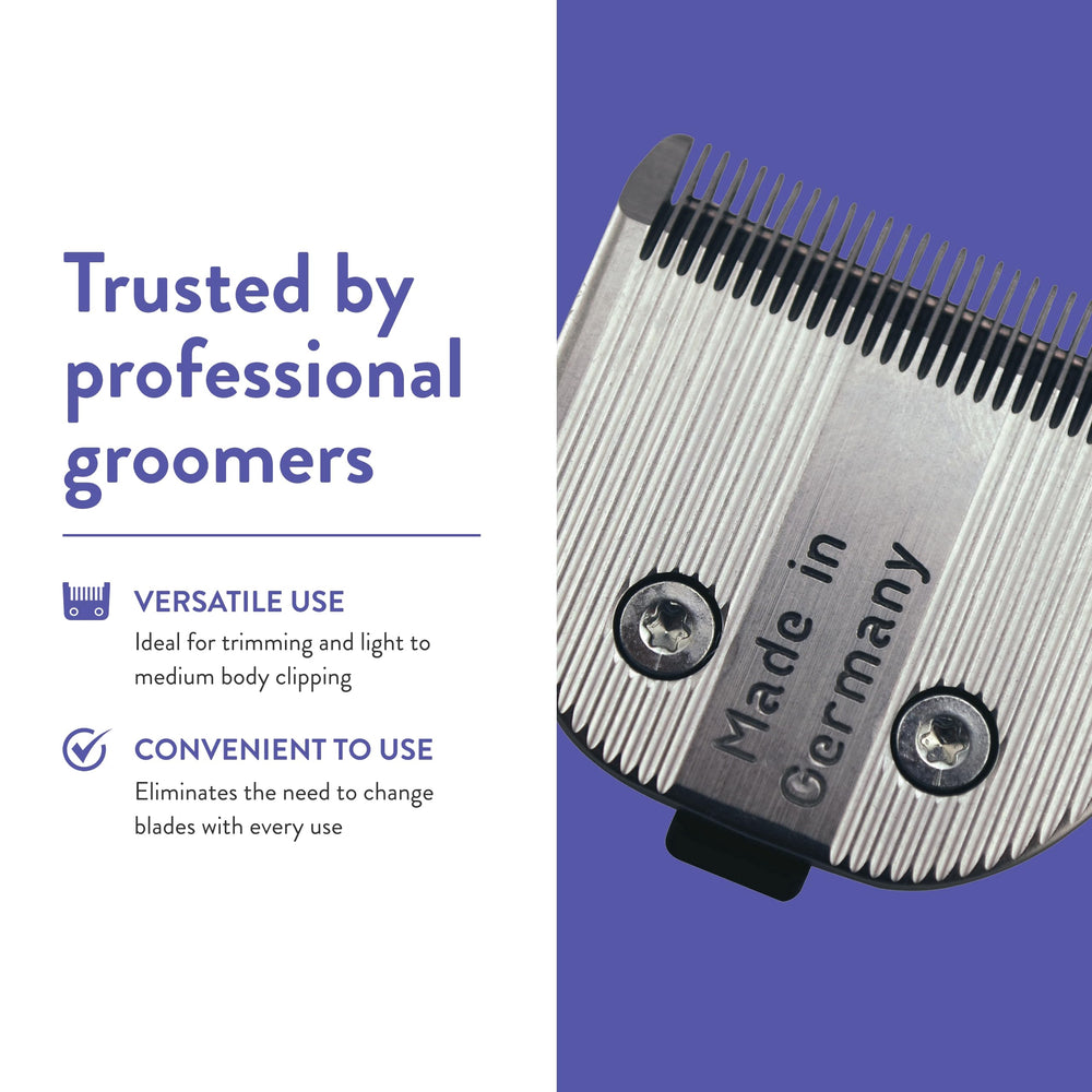 Close-up chrome blade highlights rust resistance for everyday pet care.