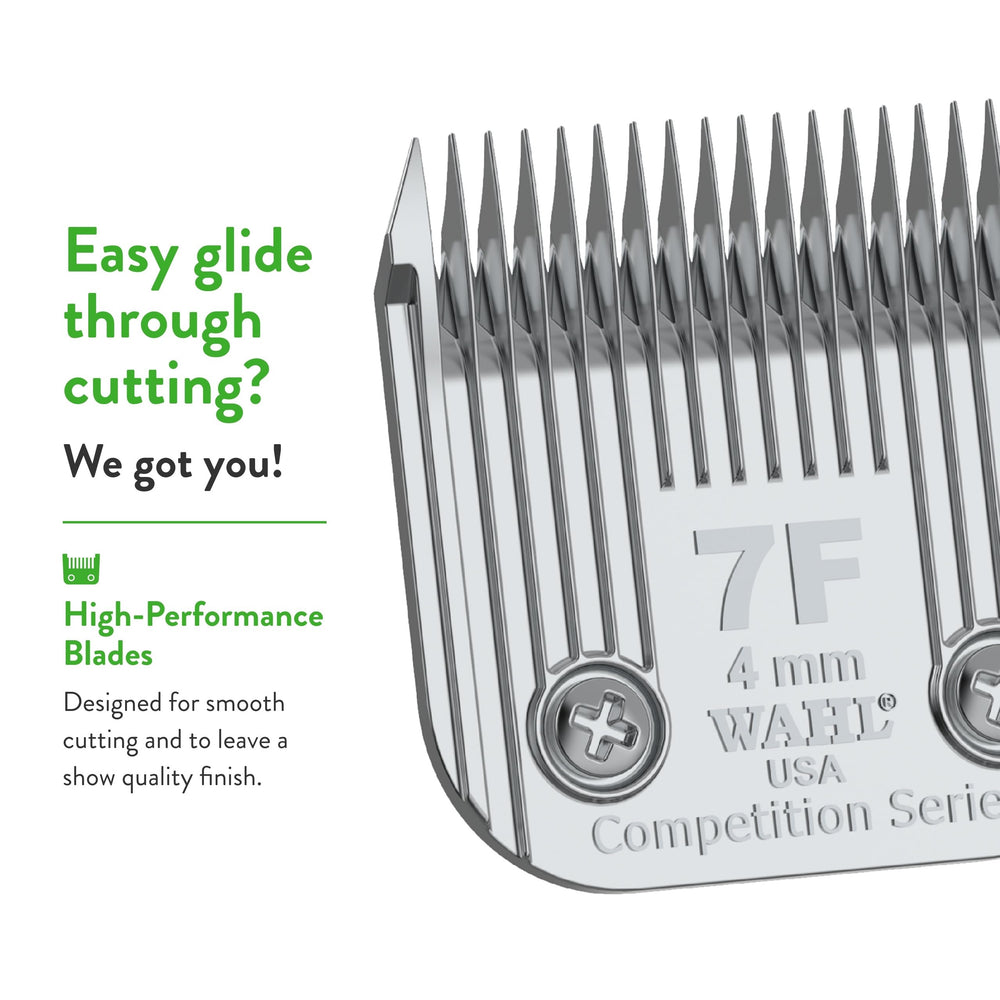 Wahl 7F chrome-finish blade highlights rust resistance and durability.
