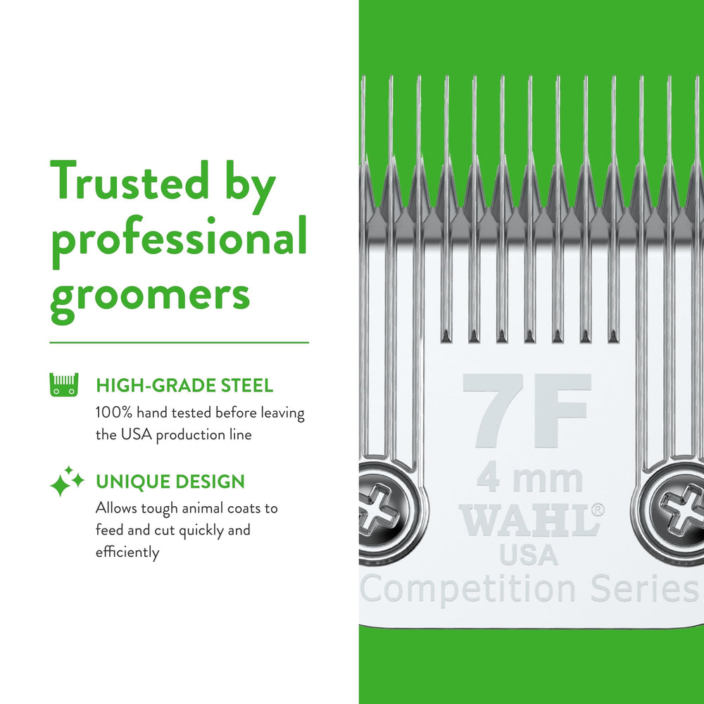 Wahl 7F blade close-up emphasizes professional chrome finish.