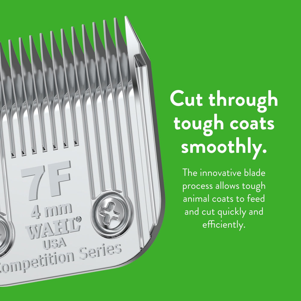 Wahl 7F blade shown on animal coat for a show-ready finish.