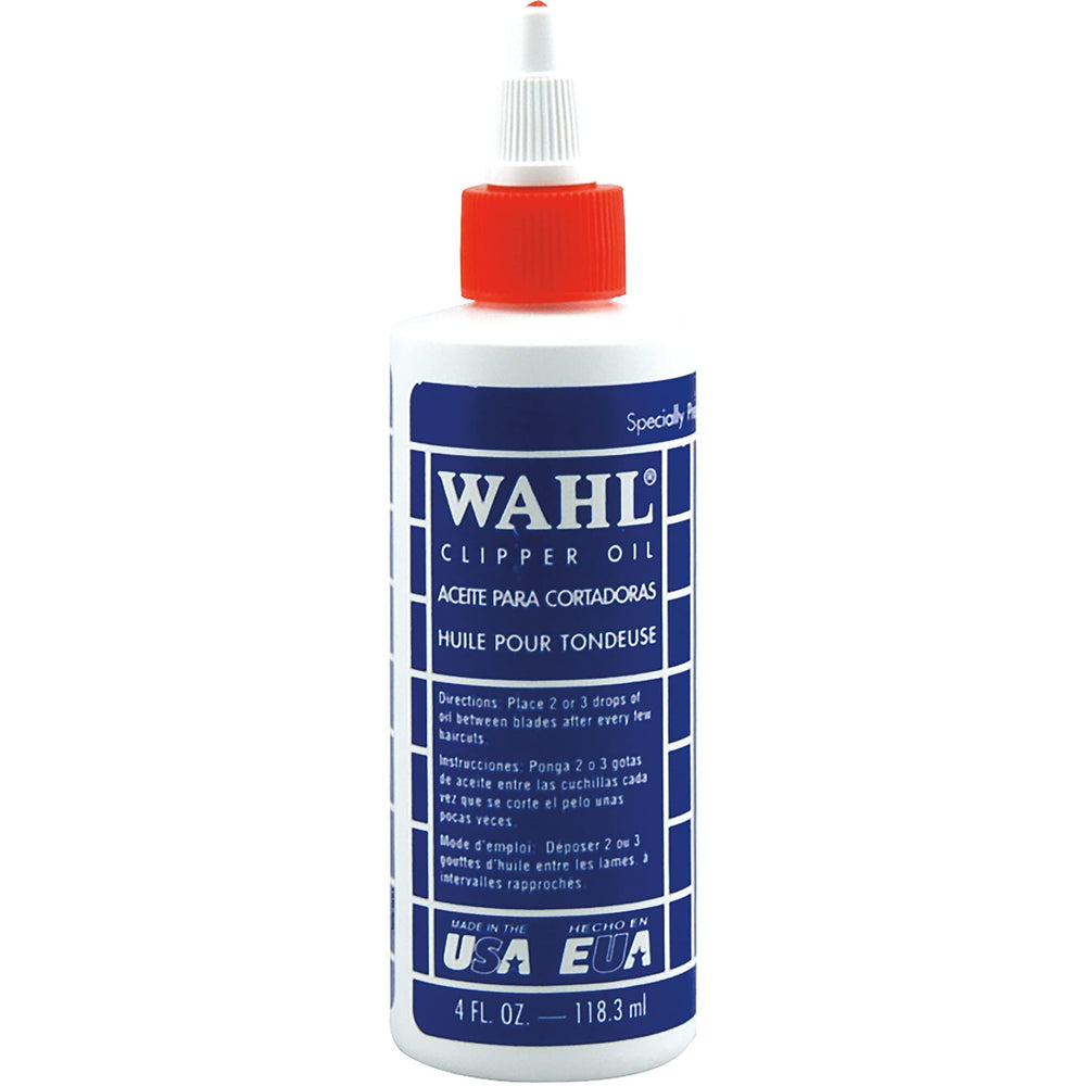 Wahl blade oil bottle for pet clippers, reducing heat and friction.