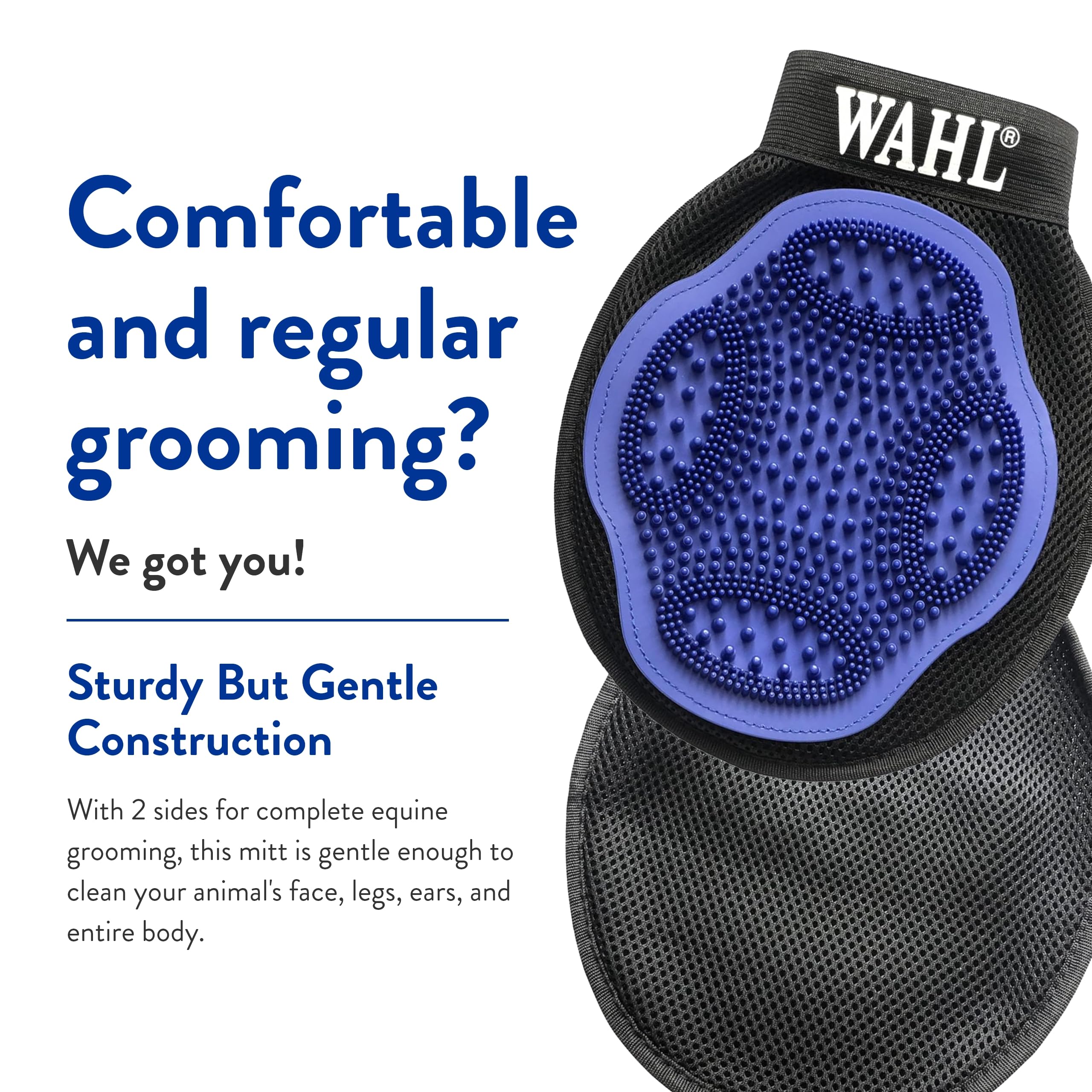WAHL grooming mitt mesh layer captures dust and adds coat shine.