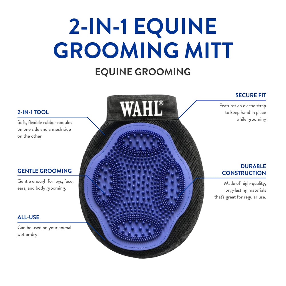 WAHL grooming mitt rubber massage heads loosen hair and dander.