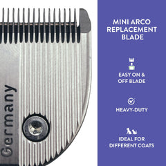 Wahl replacement blade for MiniArco shown with packaging and compatibility note.