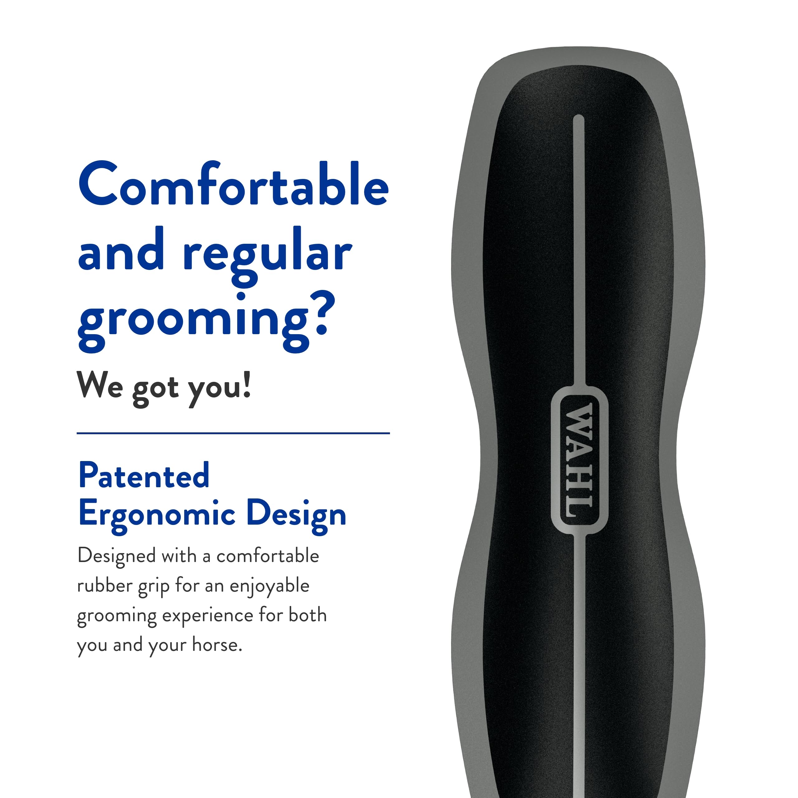 Wahl Stiff Body Horse Brush clears dirt from a horse's coat during routine grooming.